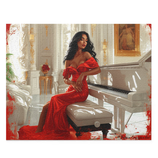 Puzzle, Elegant Woman in Red Gown at the Piano