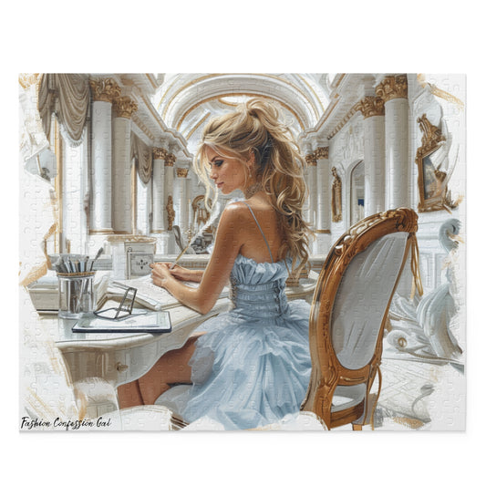 Puzzle - Fashionable Blonde Writing with Quill Pen in Powder Blue Dress