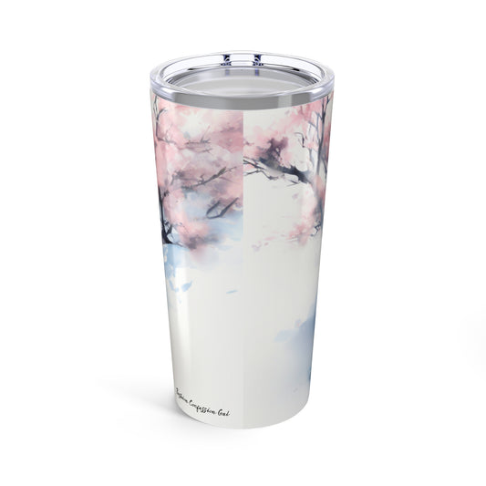 Tumbler- Asian Woman in Cherry Blossom Field, Blue Dress Design