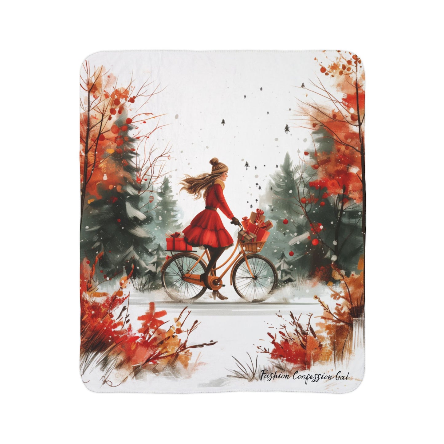 Sherpa Blanket - Winter Journey Home, Fashion Girl on Bike Design