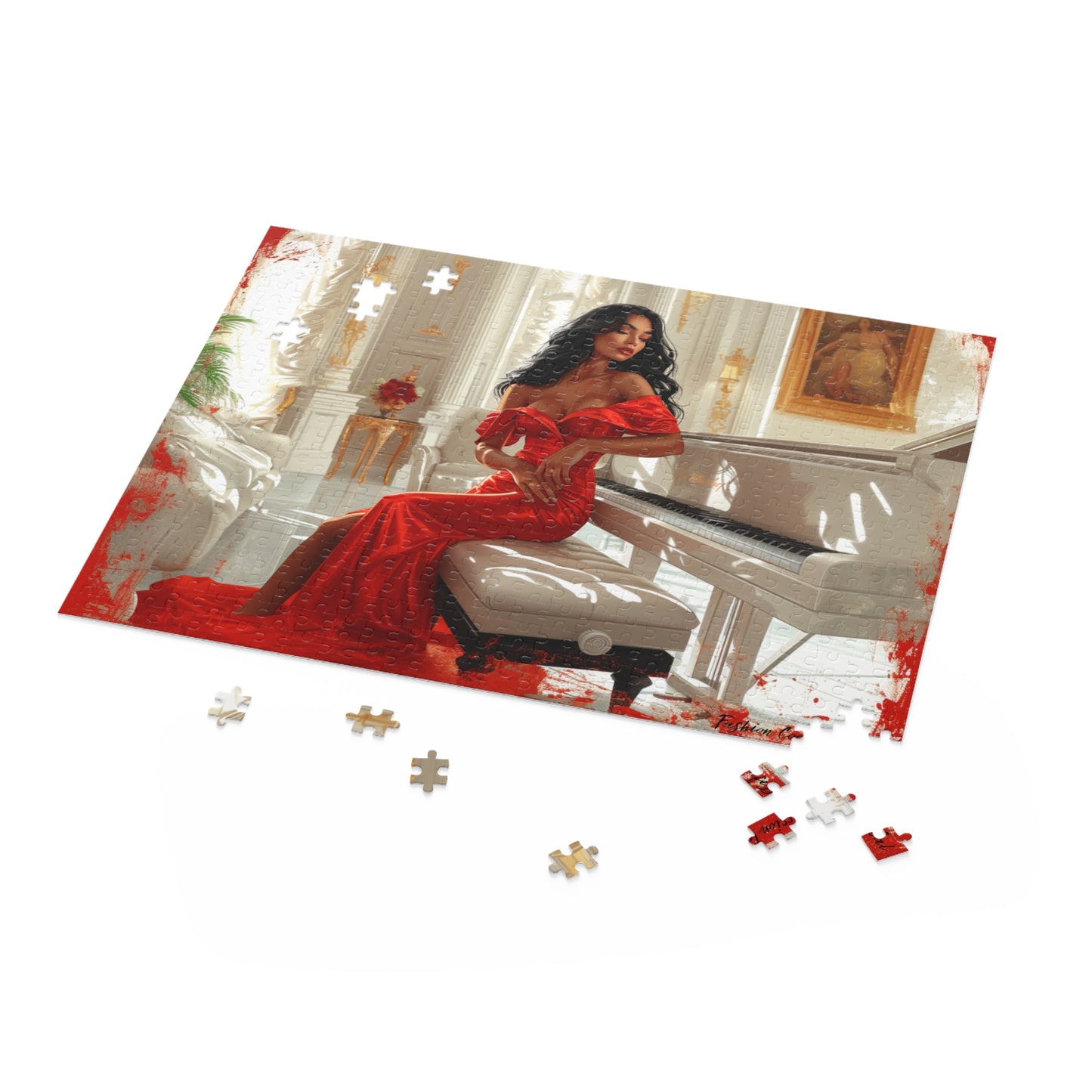 Puzzle, Elegant Woman in Red Gown at the Piano
