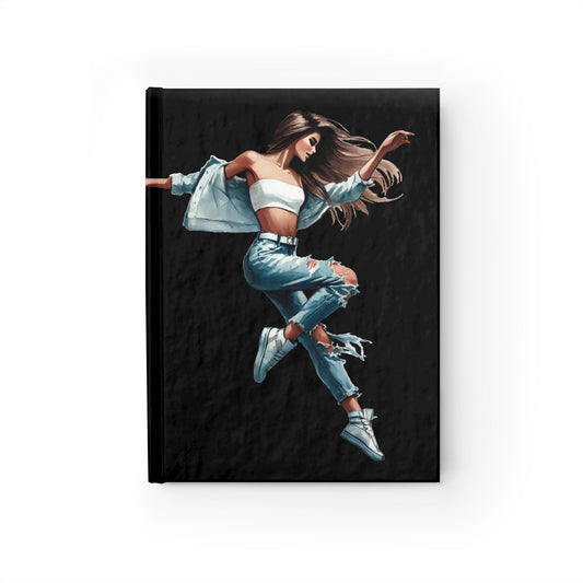 Sketchbook, Black - Dancing Fashion Girl in Jeans and Jean Jacket, Blank Pages, Hardcover