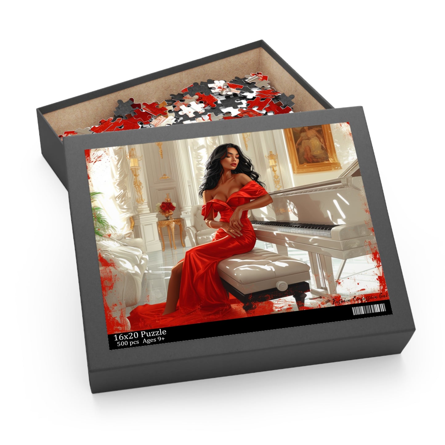 Puzzle, Elegant Woman in Red Gown at the Piano