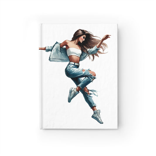 Sketchbook- Dancing Fashion Girl in Jeans and Jean Jacket, Blank Pages, Hardcover
