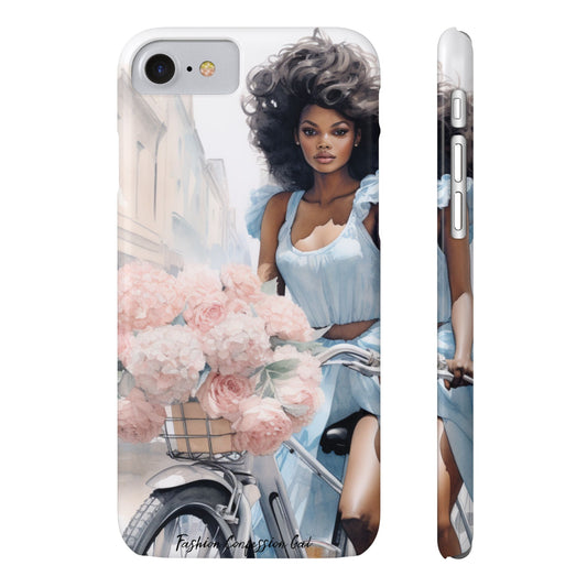 Phone Case, Fashionable African American Woman, Bike with Flowers European Street