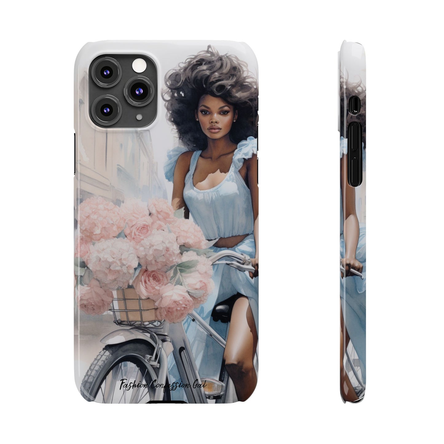 Phone Case, Fashionable African American Woman, Bike with Flowers European Street