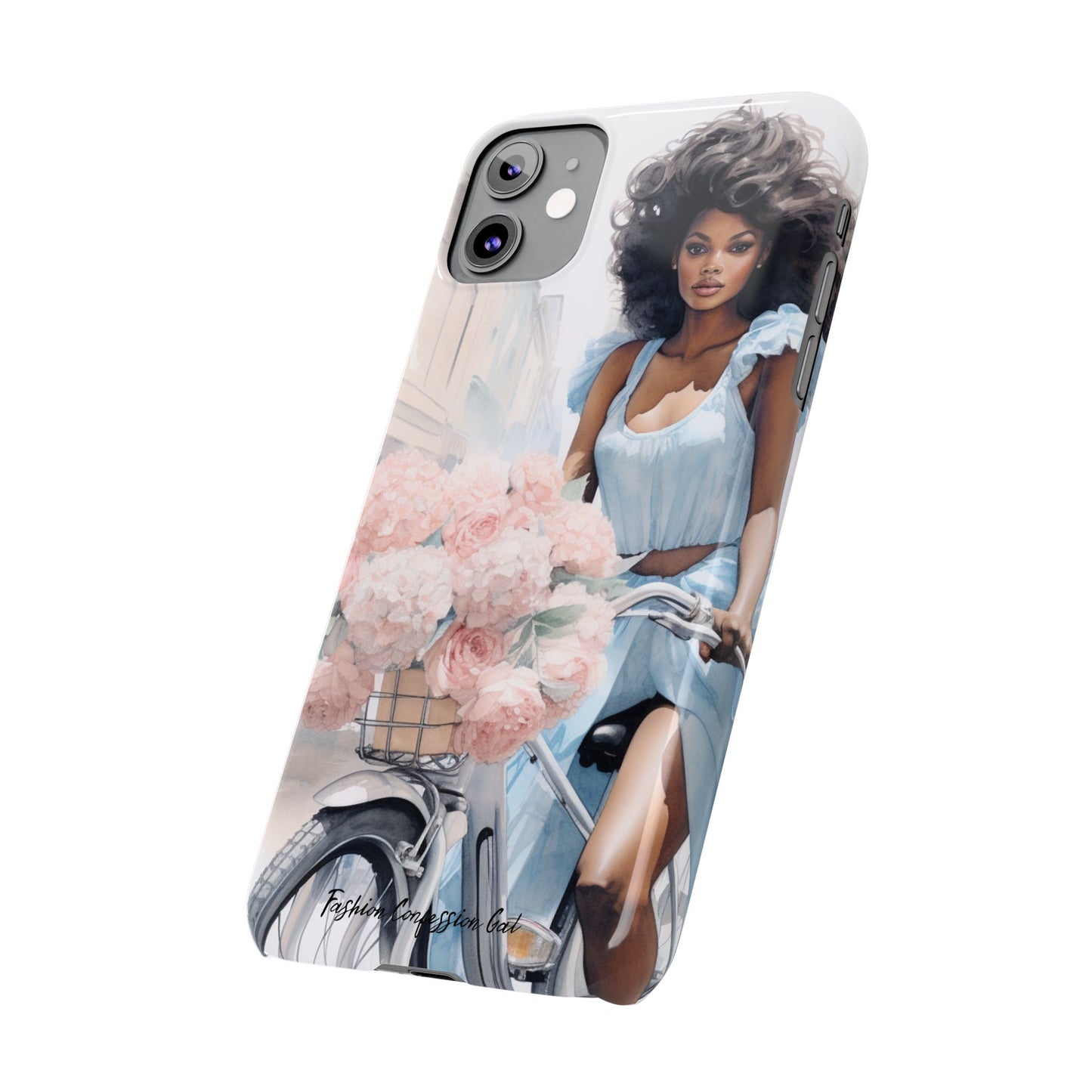 Phone Case, Fashionable African American Woman, Bike with Flowers European Street