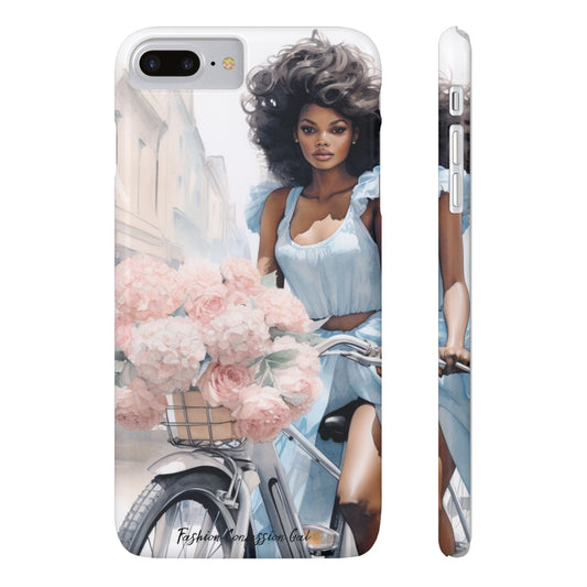 Phone Case, Fashionable African American Woman, Bike with Flowers European Street