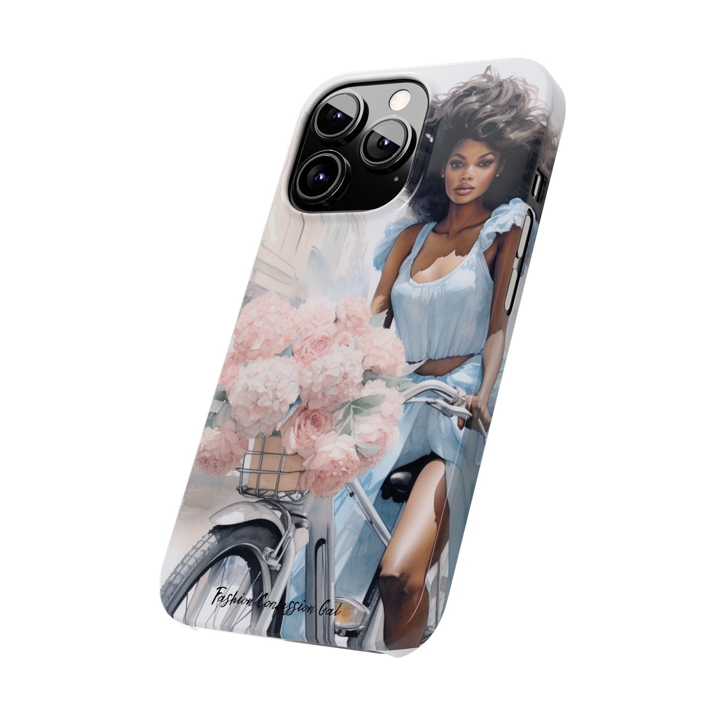 Phone Case, Fashionable African American Woman, Bike with Flowers European Street