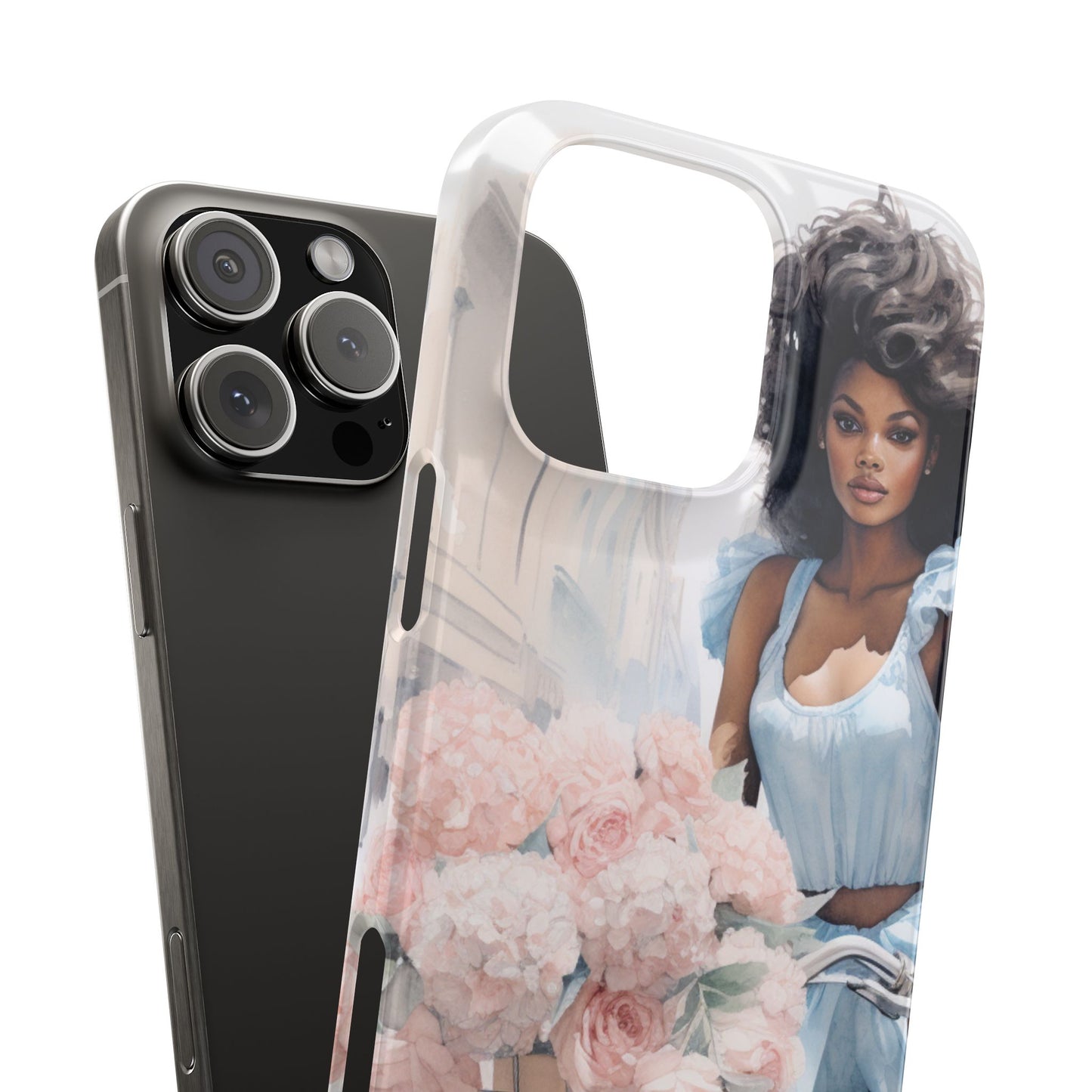 Phone Case, Fashionable African American Woman, Bike with Flowers European Street