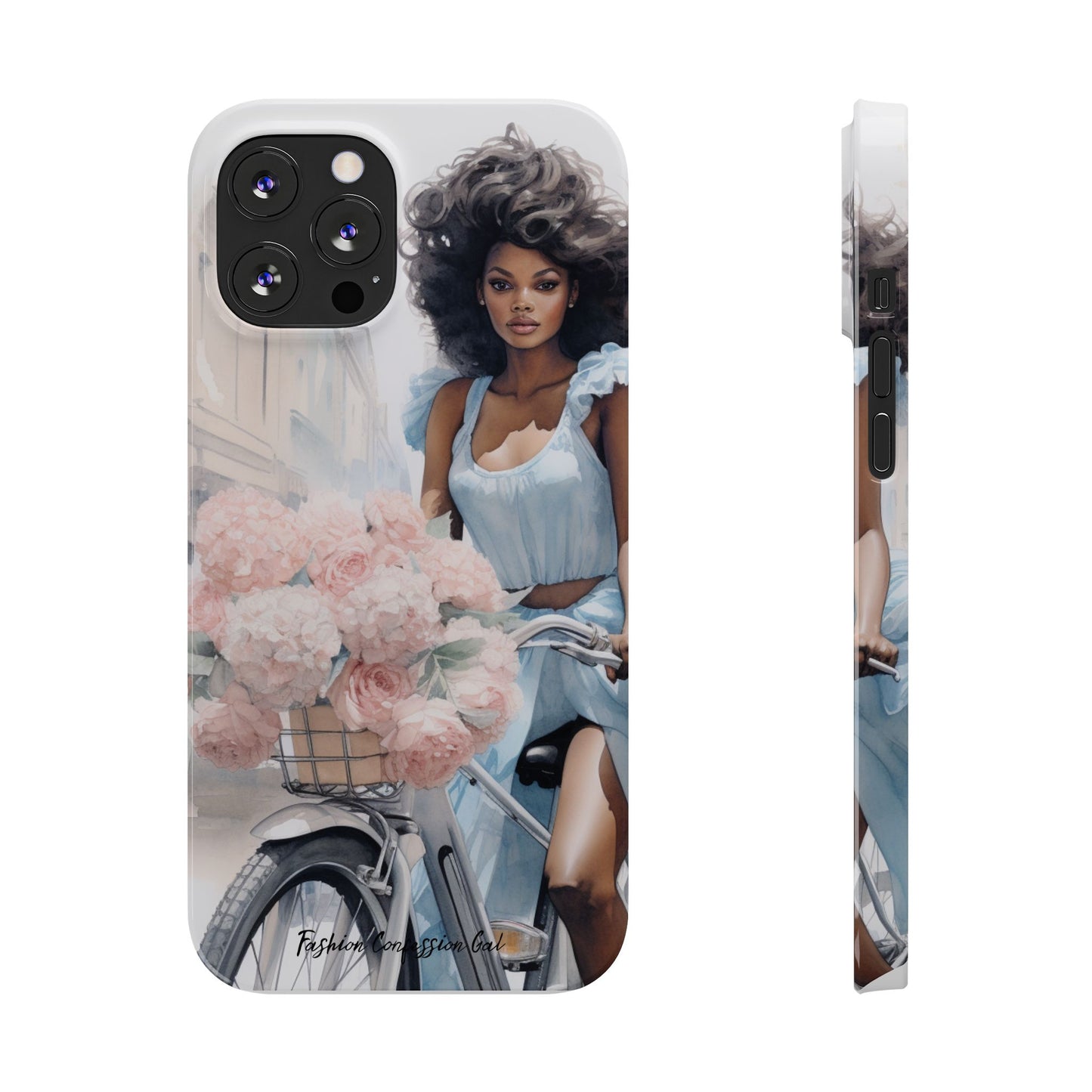Phone Case, Fashionable African American Woman, Bike with Flowers European Street