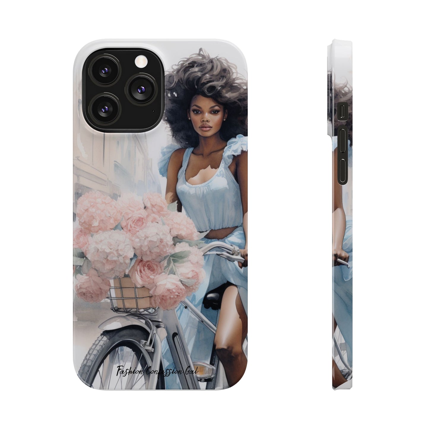Phone Case, Fashionable African American Woman, Bike with Flowers European Street