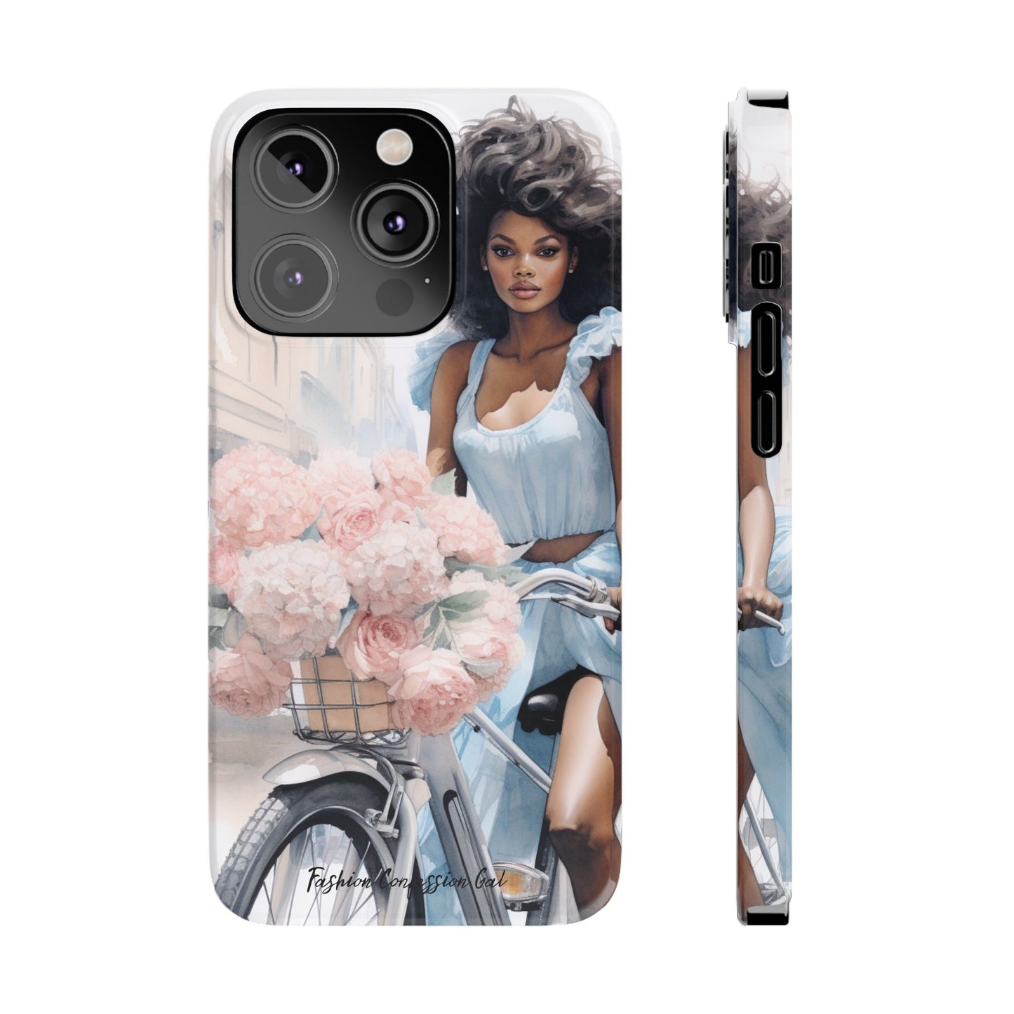 Phone Case, Fashionable African American Woman, Bike with Flowers European Street