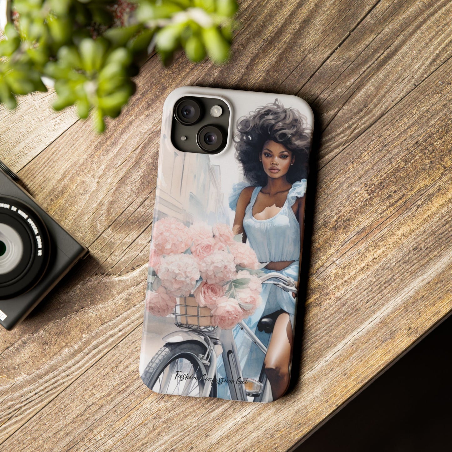 Phone Case, Fashionable African American Woman, Bike with Flowers European Street