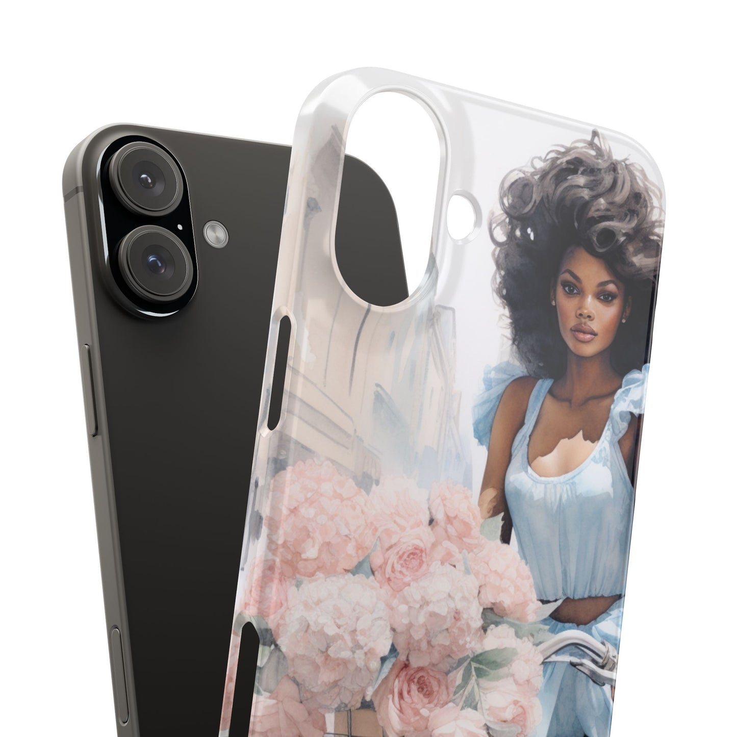 Phone Case, Fashionable African American Woman, Bike with Flowers European Street