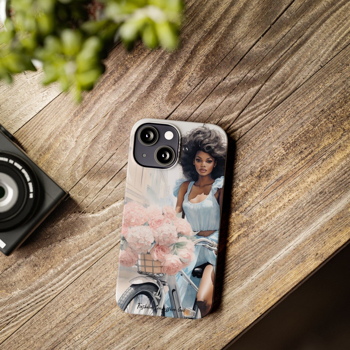 Phone Case, Fashionable African American Woman, Bike with Flowers European Street