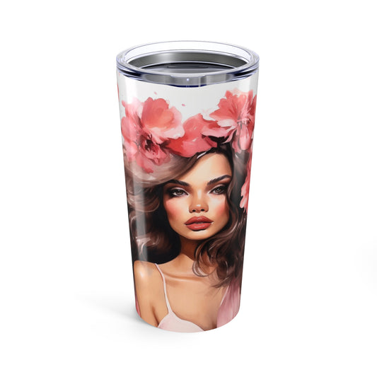 Tumbler- Fashionable Woman in Pastel Pink Dress surrounded by Flowers