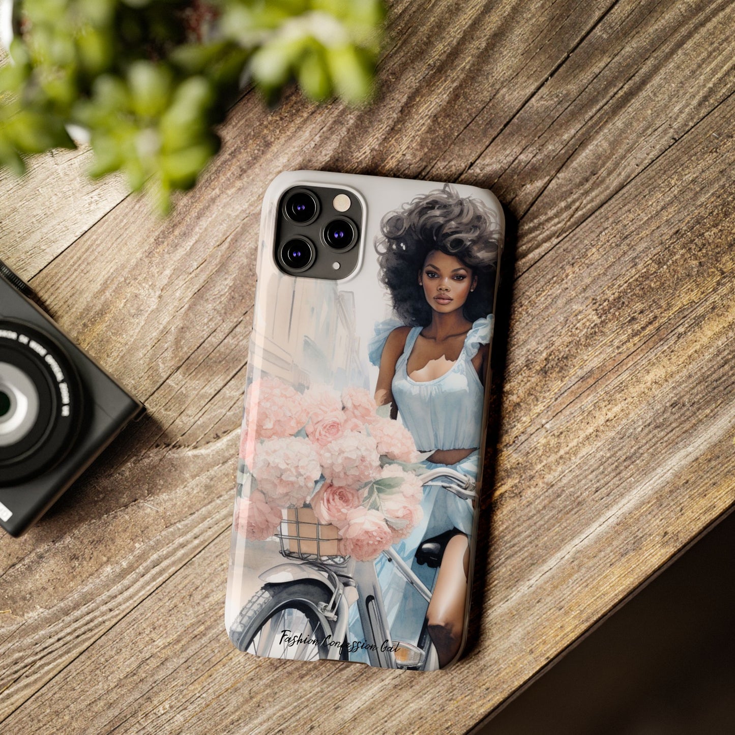 Phone Case, Fashionable African American Woman, Bike with Flowers European Street