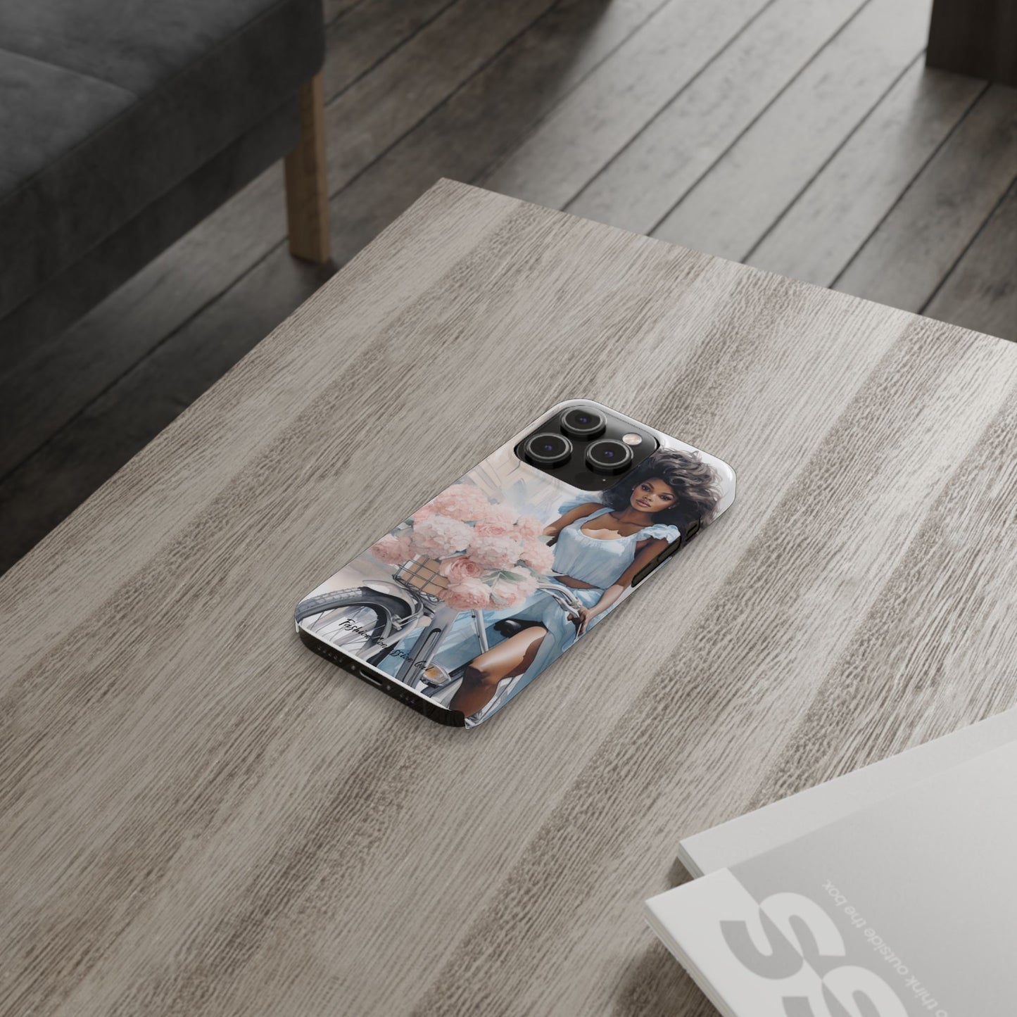 Phone Case, Fashionable African American Woman, Bike with Flowers European Street