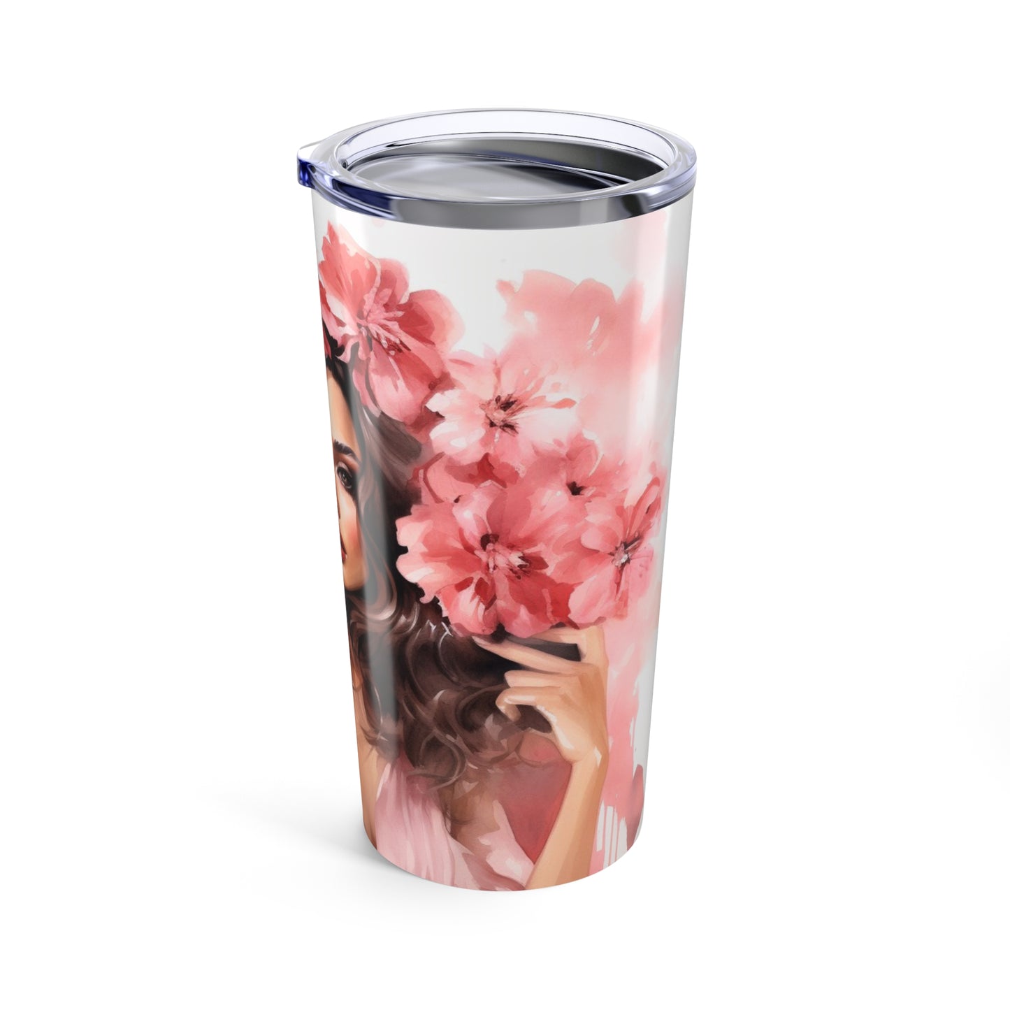 Tumbler- Fashionable Woman in Pastel Pink Dress surrounded by Flowers