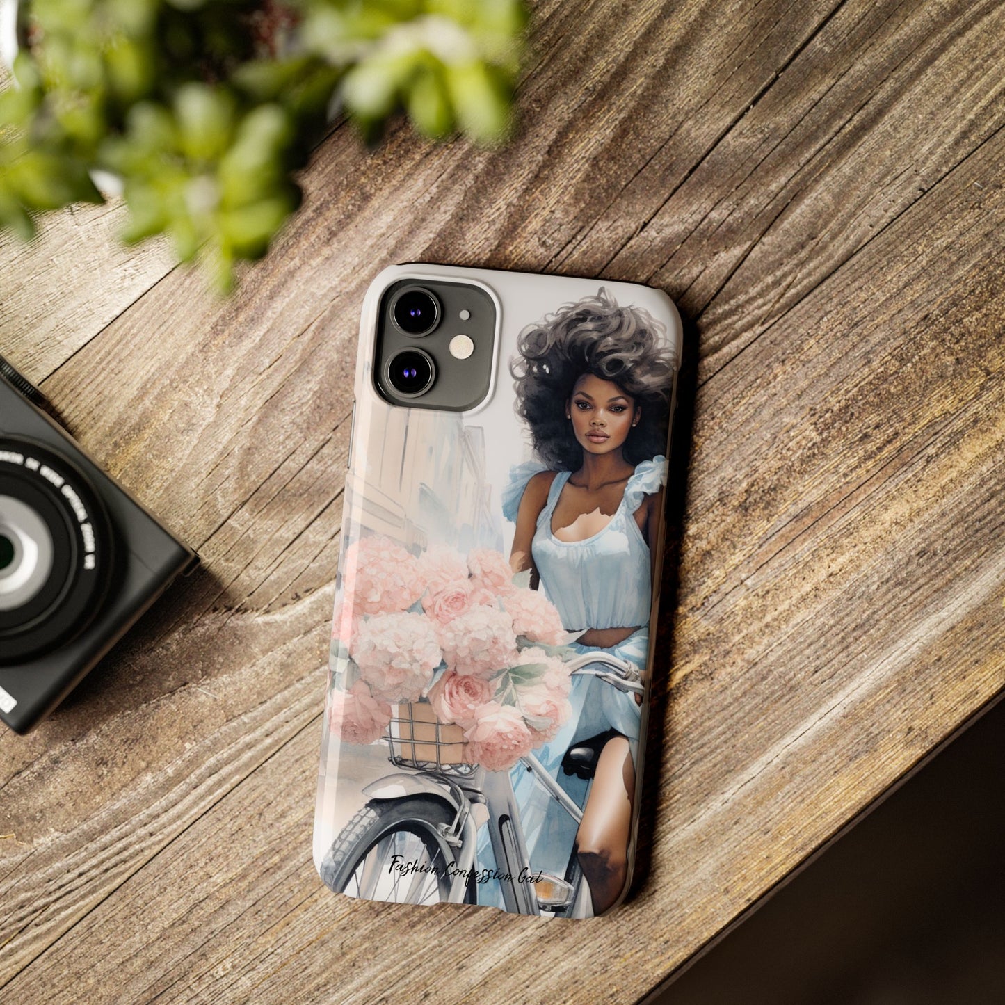 Phone Case, Fashionable African American Woman, Bike with Flowers European Street
