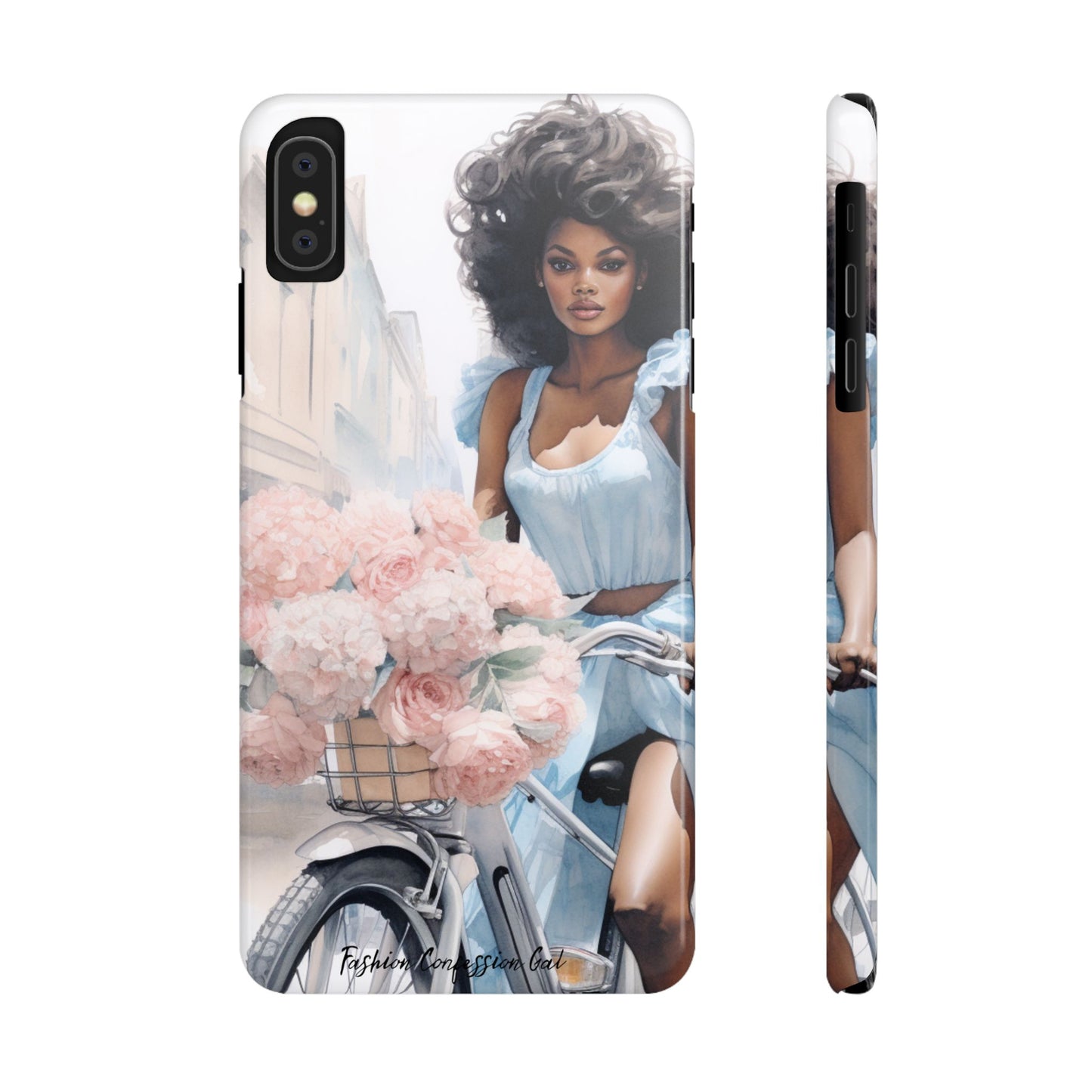 Phone Case, Fashionable African American Woman, Bike with Flowers European Street
