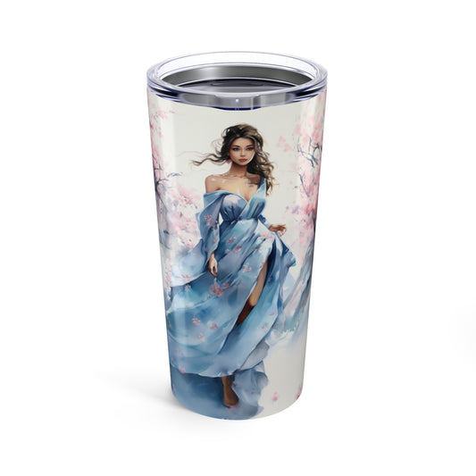 Tumbler- Asian Woman in Cherry Blossom Field, Blue Dress Design