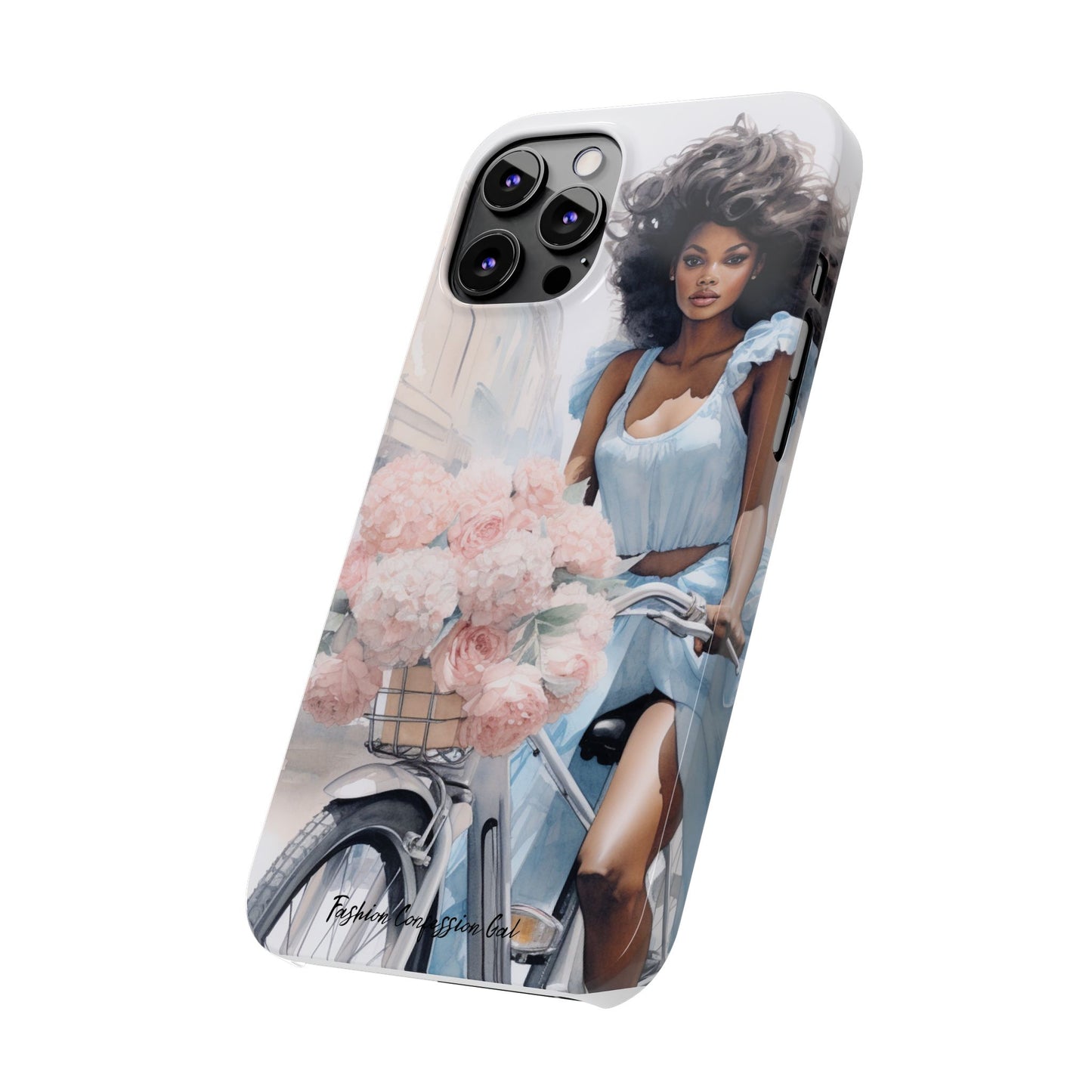 Phone Case, Fashionable African American Woman, Bike with Flowers European Street