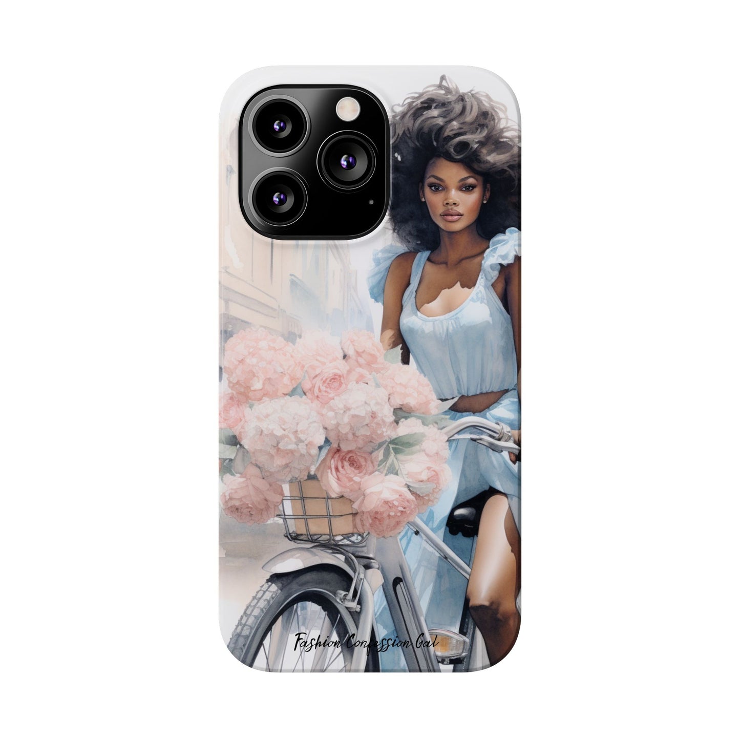 Phone Case, Fashionable African American Woman, Bike with Flowers European Street