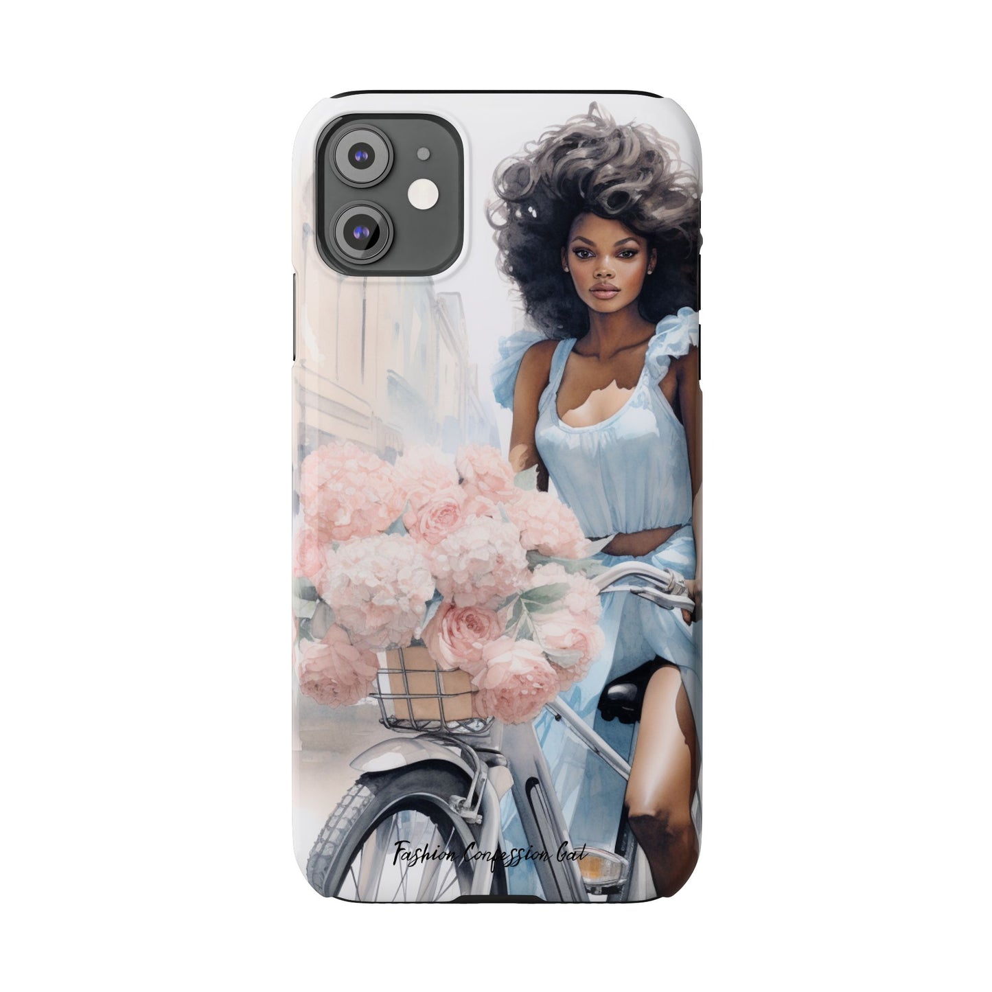 Phone Case, Fashionable African American Woman, Bike with Flowers European Street