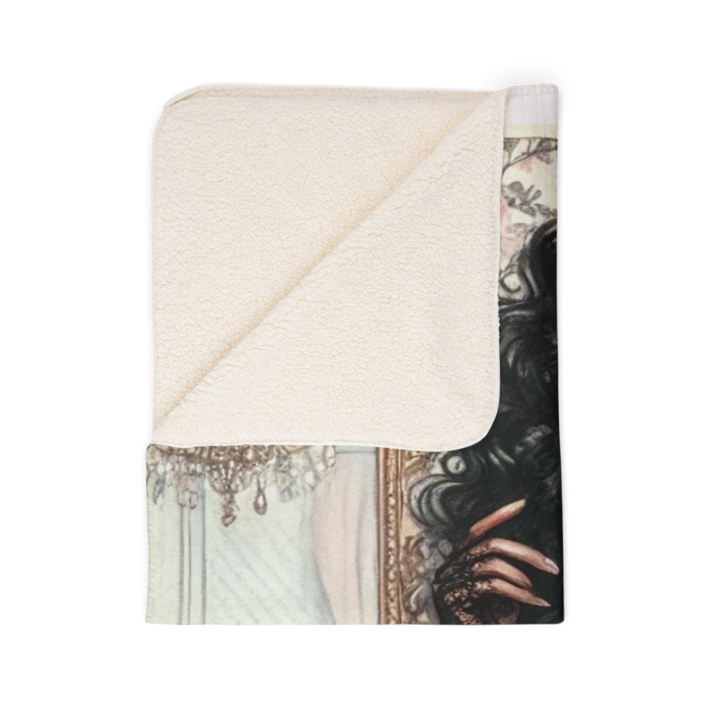 Sherpa Blanket - Fashionable Woman in Pastel Pink Dress, Standing in an English Style Powder Room Design