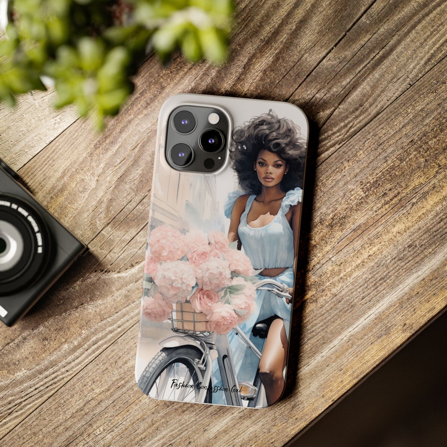 Phone Case, Fashionable African American Woman, Bike with Flowers European Street