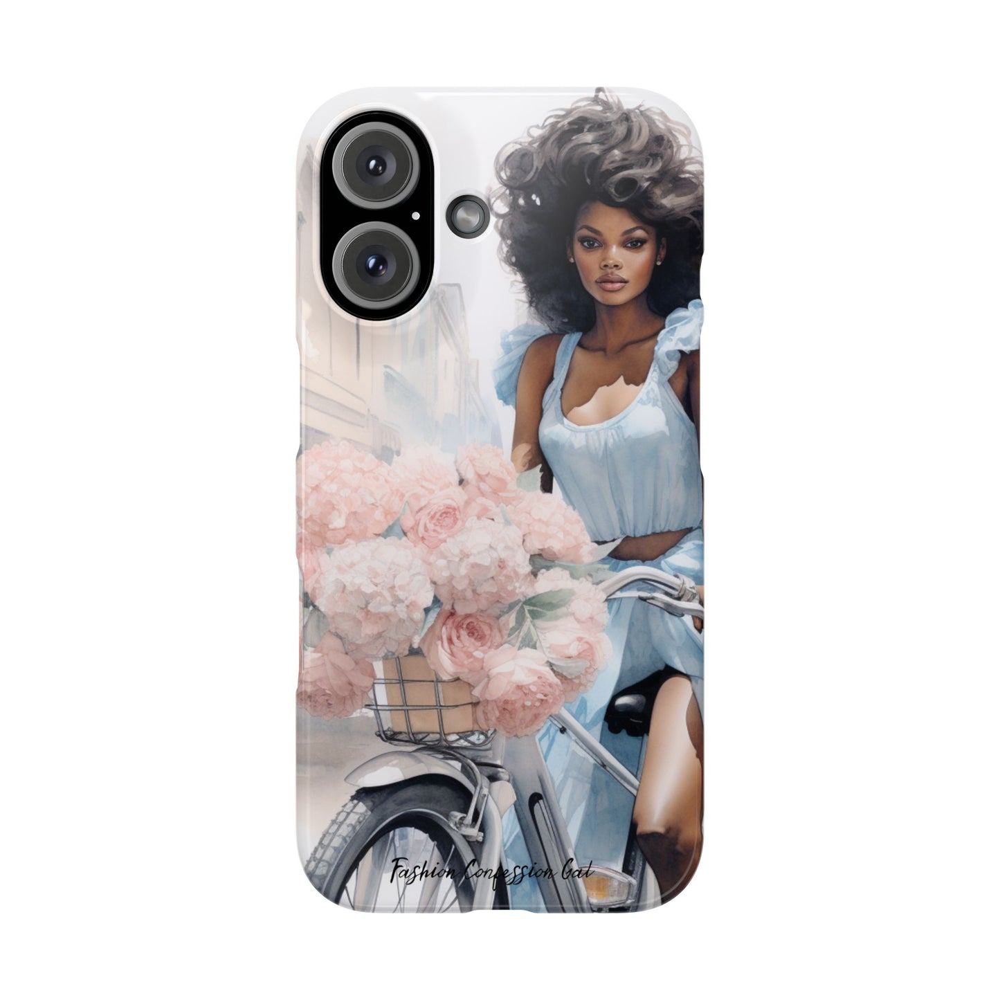 Phone Case, Fashionable African American Woman, Bike with Flowers European Street
