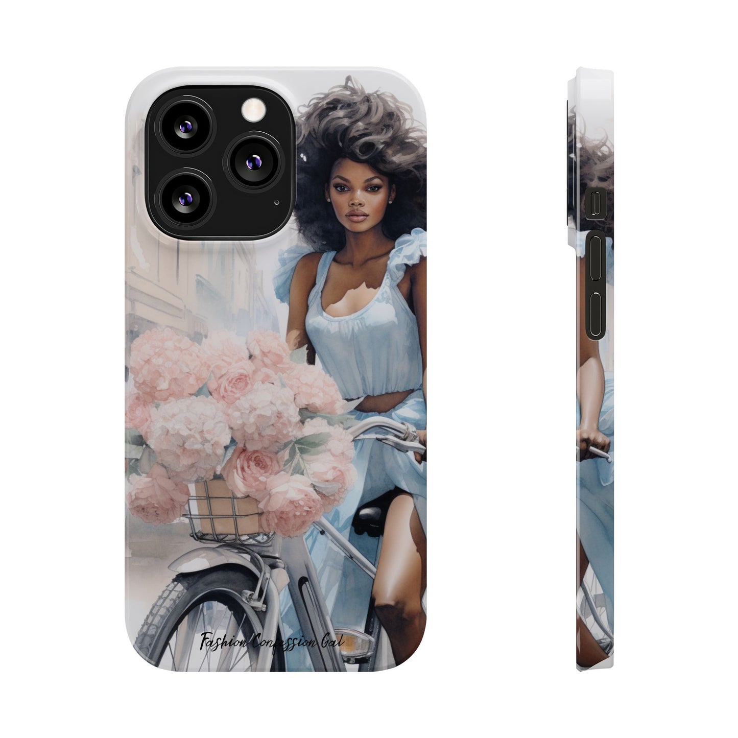 Phone Case, Fashionable African American Woman, Bike with Flowers European Street