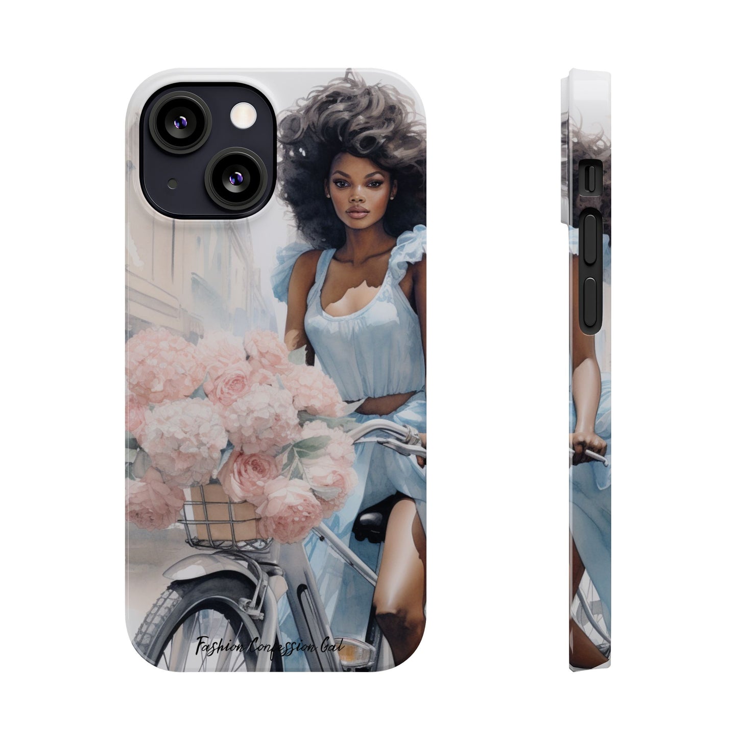 Phone Case, Fashionable African American Woman, Bike with Flowers European Street