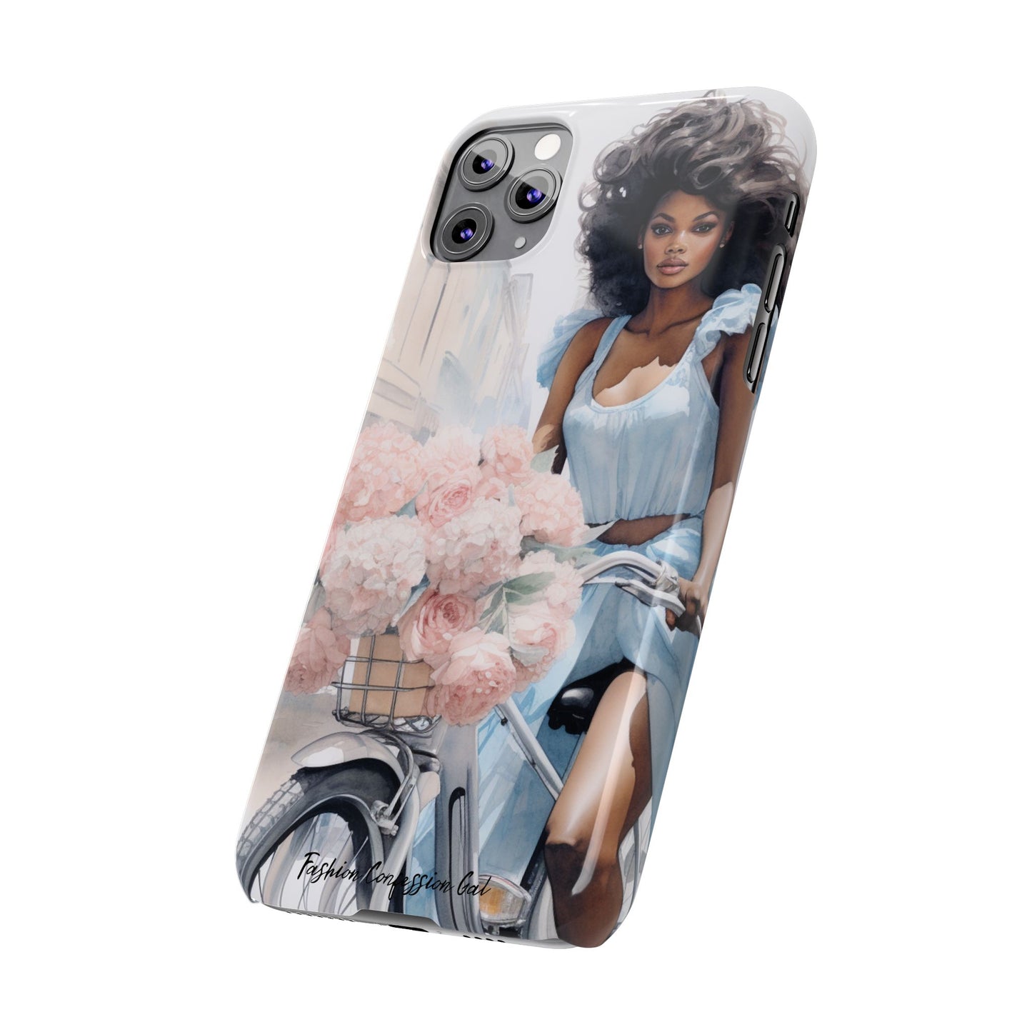 Phone Case, Fashionable African American Woman, Bike with Flowers European Street