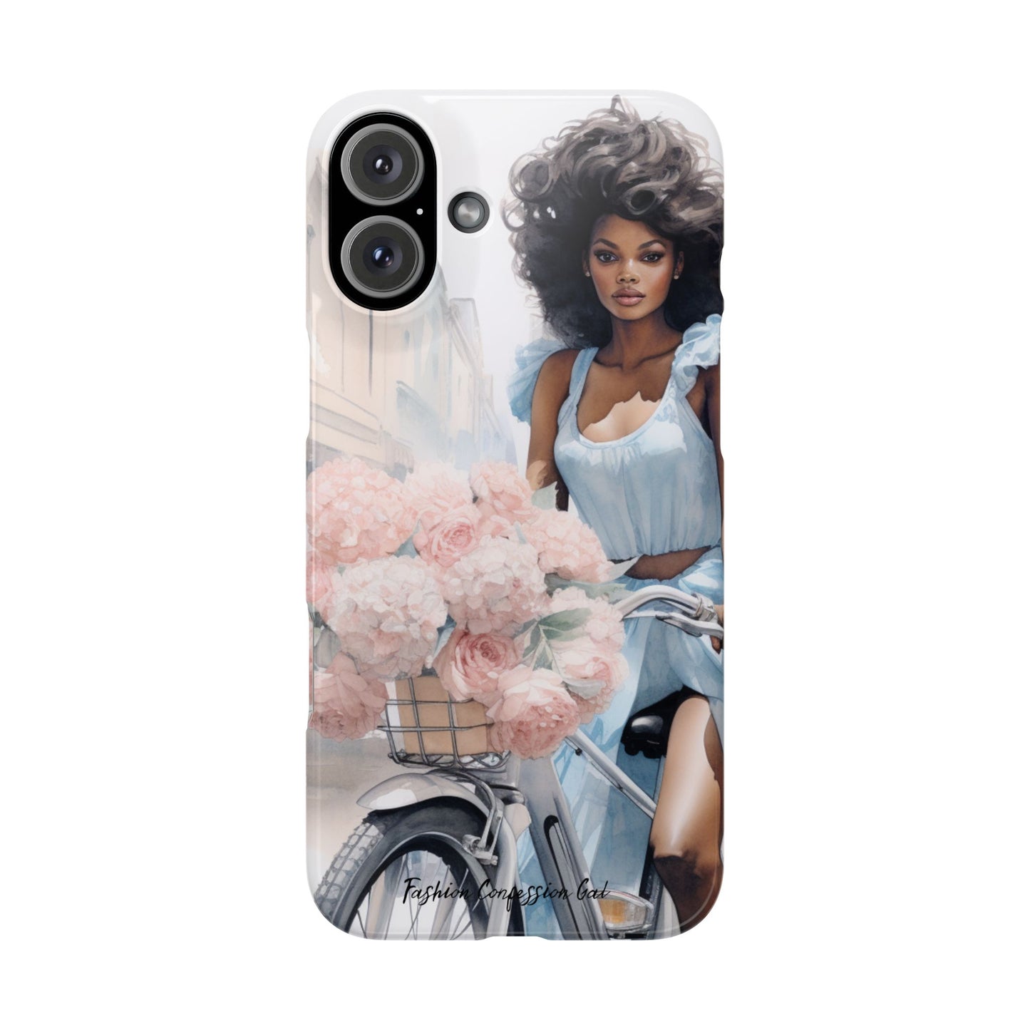 Phone Case, Fashionable African American Woman, Bike with Flowers European Street