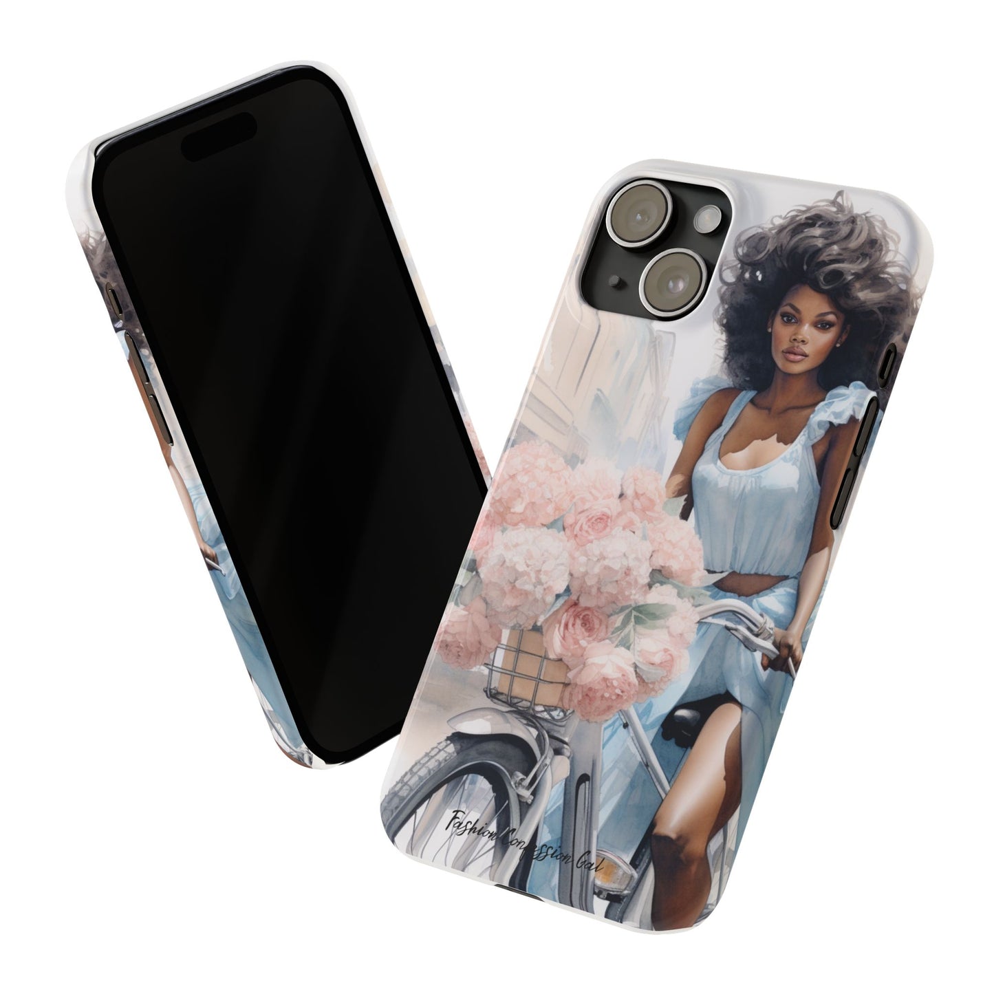 Phone Case, Fashionable African American Woman, Bike with Flowers European Street
