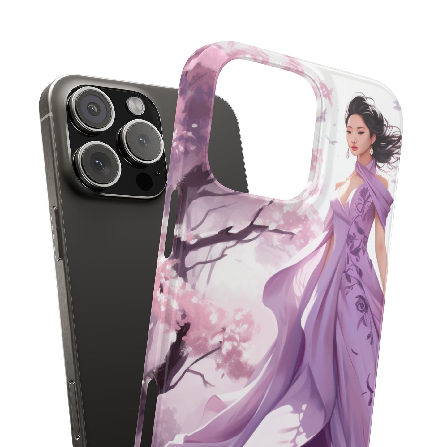 Phone Case - Elegant Asian Woman in Purple Gown Among Cherry Blossoms