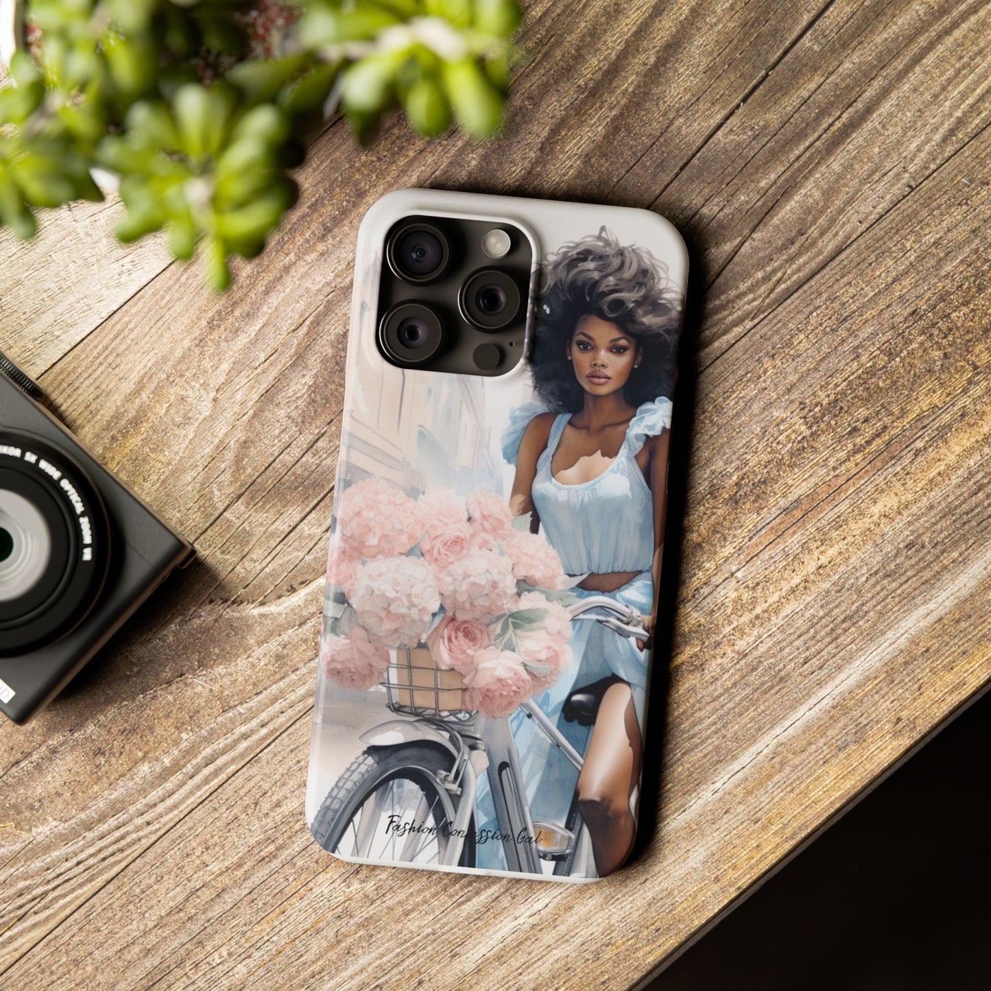 Phone Case, Fashionable African American Woman, Bike with Flowers European Street