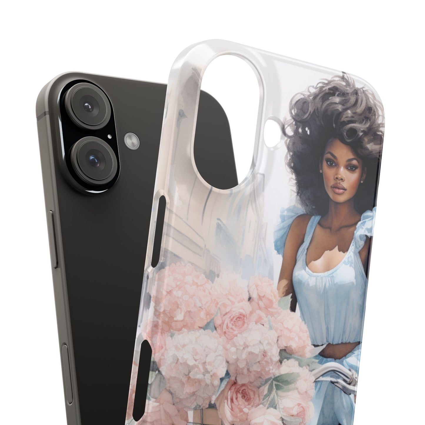 Phone Case, Fashionable African American Woman, Bike with Flowers European Street