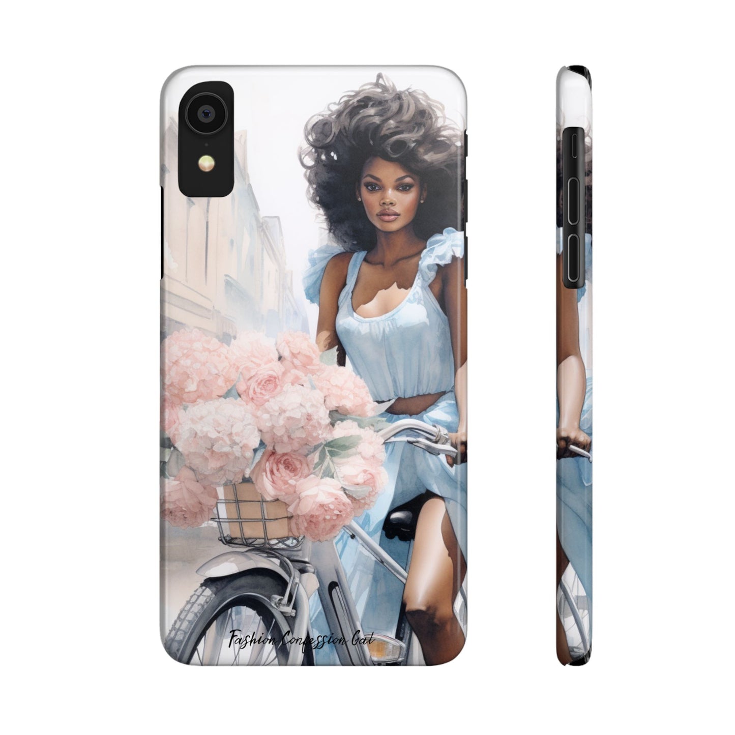 Phone Case, Fashionable African American Woman, Bike with Flowers European Street