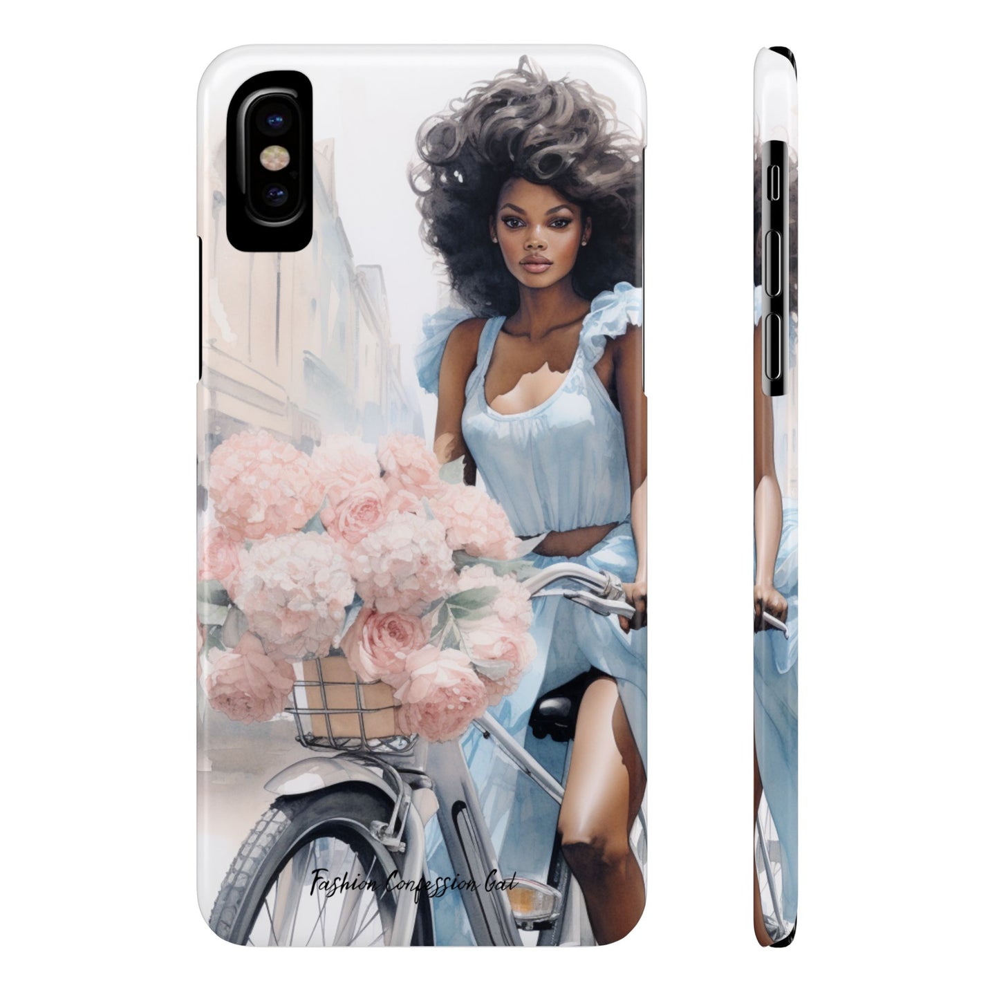 Phone Case, Fashionable African American Woman, Bike with Flowers European Street