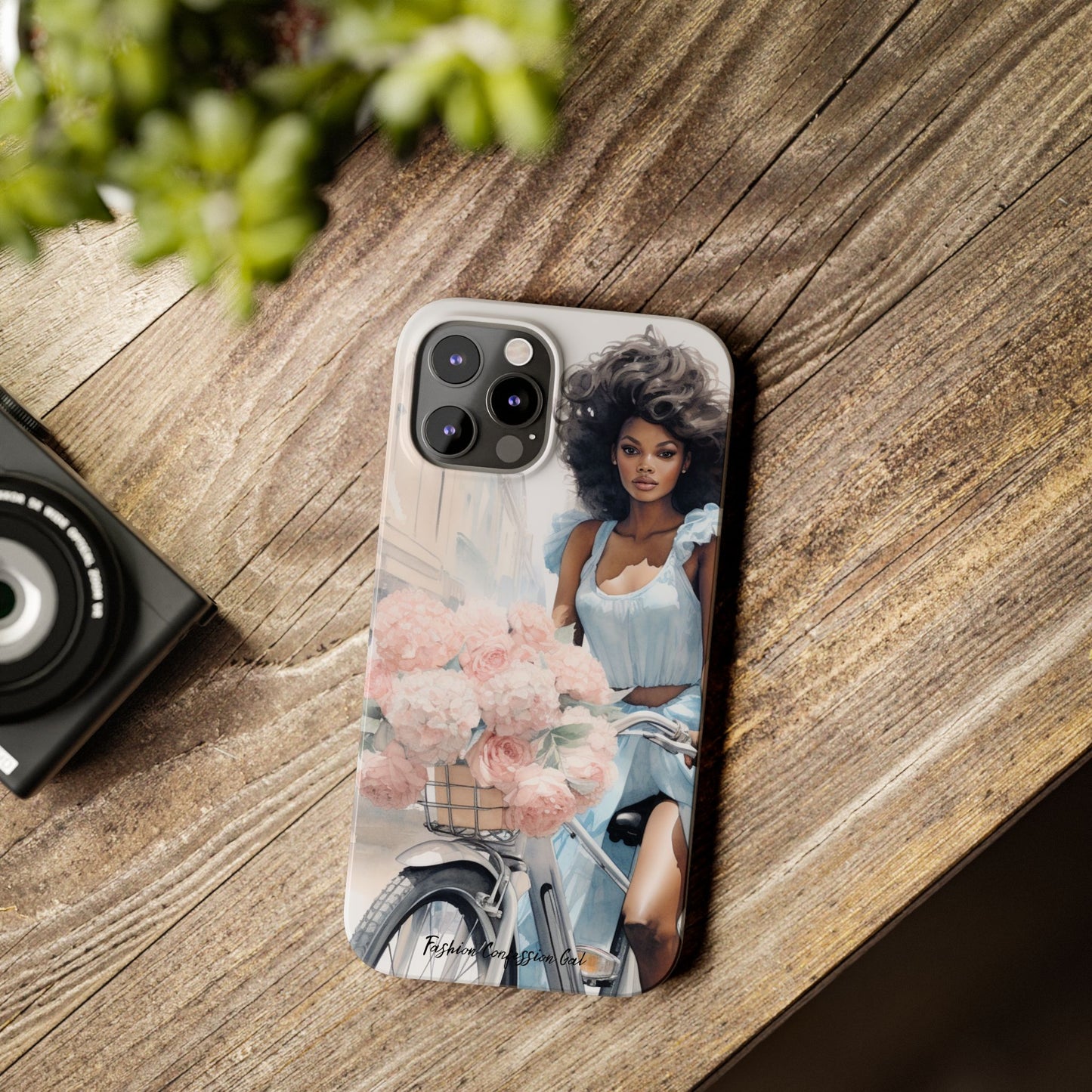 Phone Case, Fashionable African American Woman, Bike with Flowers European Street