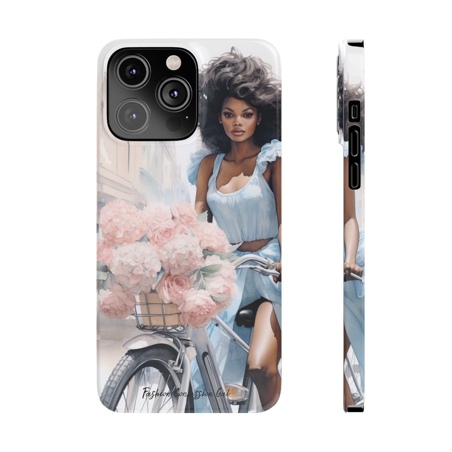 Phone Case, Fashionable African American Woman, Bike with Flowers European Street