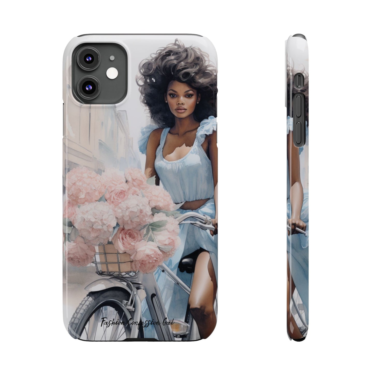 Phone Case, Fashionable African American Woman, Bike with Flowers European Street