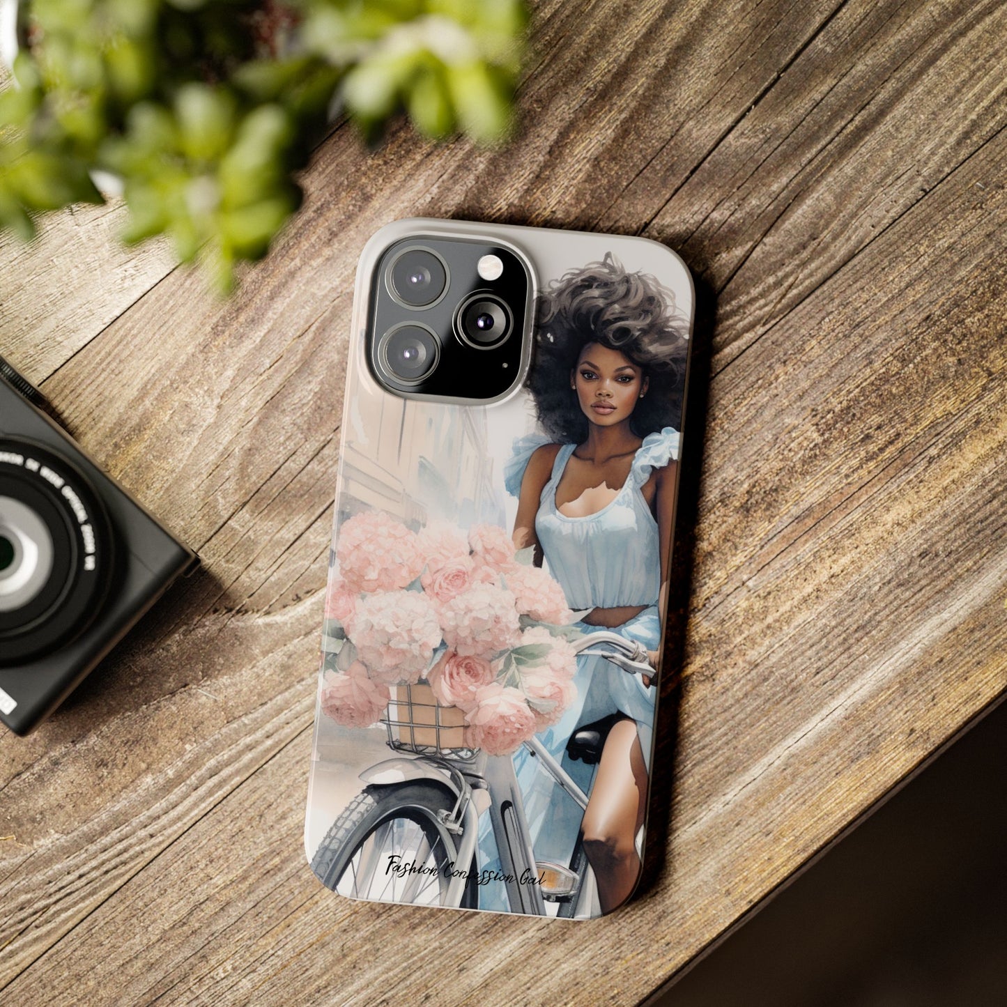 Phone Case, Fashionable African American Woman, Bike with Flowers European Street
