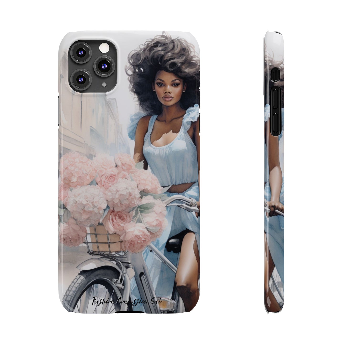 Phone Case, Fashionable African American Woman, Bike with Flowers European Street