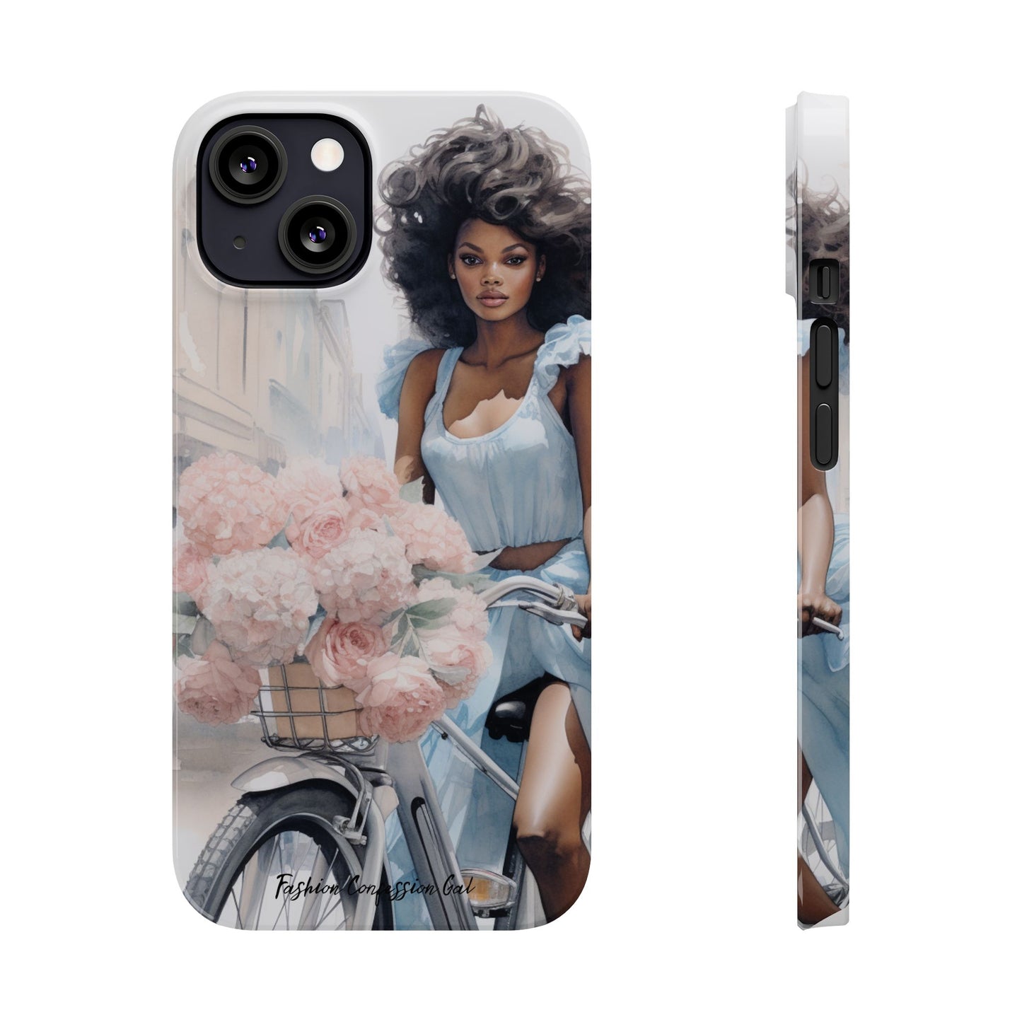 Phone Case, Fashionable African American Woman, Bike with Flowers European Street
