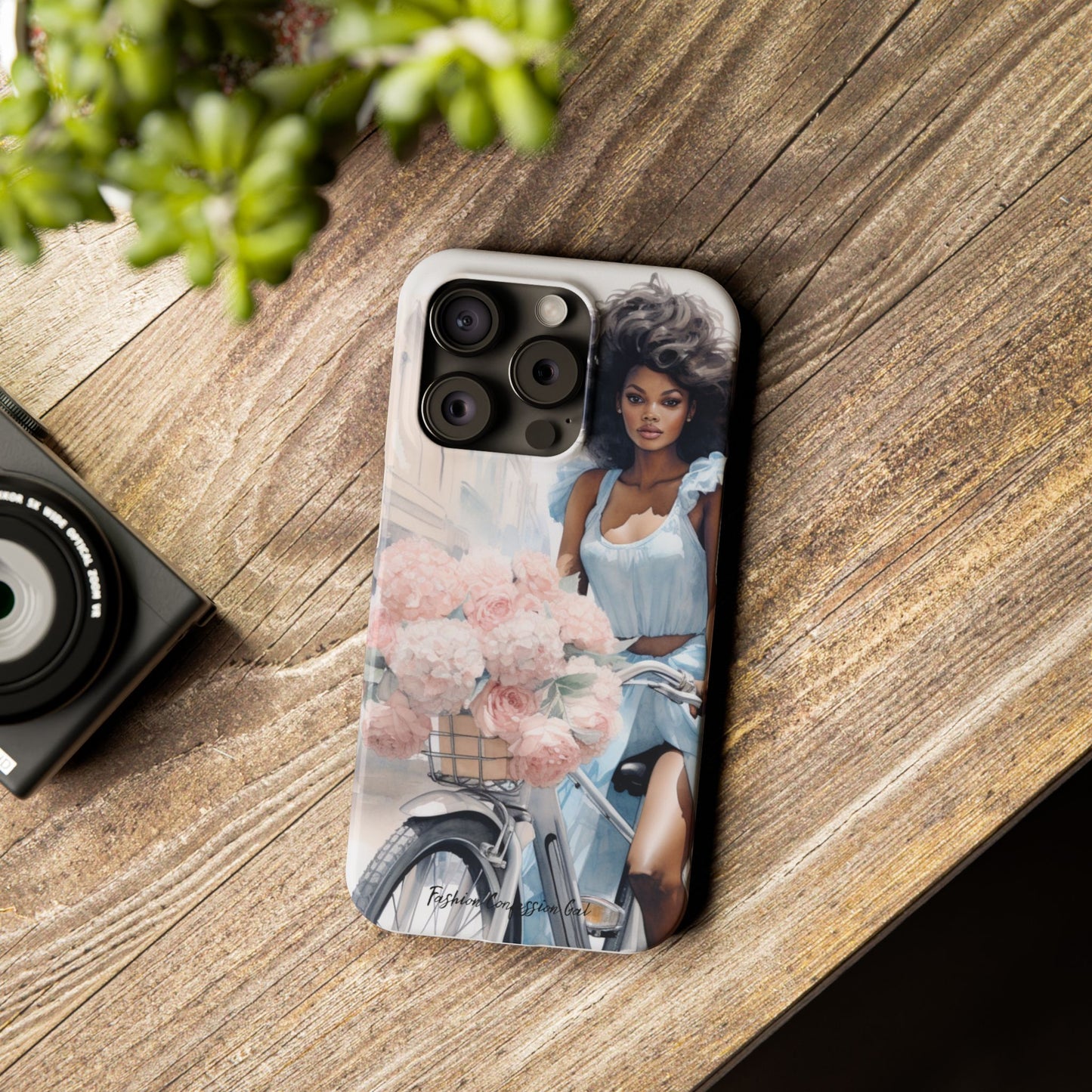 Phone Case, Fashionable African American Woman, Bike with Flowers European Street